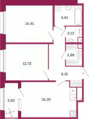 ЖК «Дом на Курской», планировка 2-комнатной квартиры, 64.10 м²