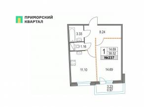 ЖК «Приморский квартал», планировка 1-комнатной квартиры, 38.52 м²