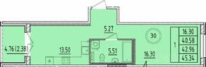 МЖК «Образцовый квартал 17», планировка 1-комнатной квартиры, 40.58 м²