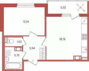ЖК «Патио», планировка 1-комнатной квартиры, 43.73 м²