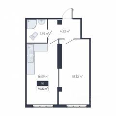 ЖК «Ромашки», планировка 1-комнатной квартиры, 40.40 м²