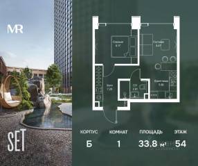 ЖК «SET», планировка 1-комнатной квартиры, 33.82 м²