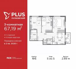 ЖК «Plus Пулковский», планировка 3-комнатной квартиры, 67.19 м²