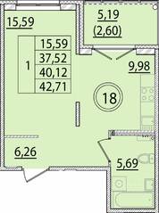 МЖК «Образцовый квартал 15», планировка 1-комнатной квартиры, 37.52 м²