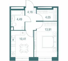 ЖК «Одинбург», планировка 1-комнатной квартиры, 37.02 м²