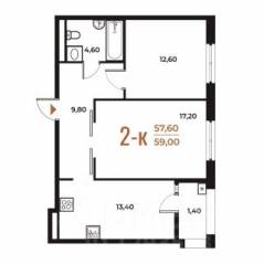 ЖК «Новое Летово», планировка 2-комнатной квартиры, 59.00 м²