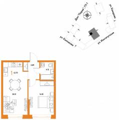 ЖК «Страна.Парковая», планировка 1-комнатной квартиры, 42.70 м²