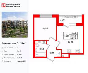 МЖК «Универ Сити», планировка 1-комнатной квартиры, 31.58 м²