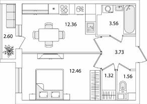 ЖК «Кинопарк», планировка 1-комнатной квартиры, 36.29 м²