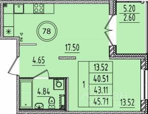 МЖК «Образцовый квартал 14», планировка 1-комнатной квартиры, 40.51 м²