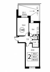 ЖК «Космос», планировка 2-комнатной квартиры, 66.63 м²