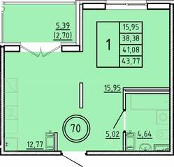 МЖК «Образцовый квартал 16», планировка 1-комнатной квартиры, 38.38 м²