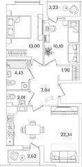 ЖК «Лайнеръ», планировка 2-комнатной квартиры, 63.85 м²