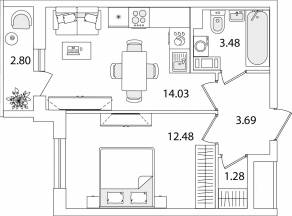 ЖК «Кинопарк», планировка 1-комнатной квартиры, 36.36 м²