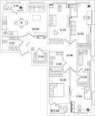 ЖК «БелАрт», планировка 4-комнатной квартиры, 113.23 м²