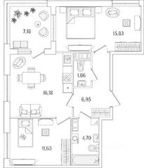 ЖК «Гранат», планировка 2-комнатной квартиры, 60.74 м²