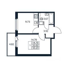 ЖК «Полис ЛАВрики», планировка 1-комнатной квартиры, 32.51 м²