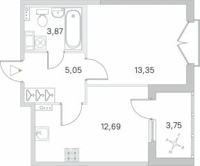 МЖК «Любоград», планировка 1-комнатной квартиры, 36.84 м²