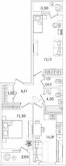 ЖК «Лайнеръ», планировка 2-комнатной квартиры, 62.41 м²