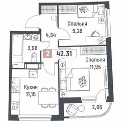 ЖК «Авиатор» (Девяткино), планировка 2-комнатной квартиры, 42.31 м²