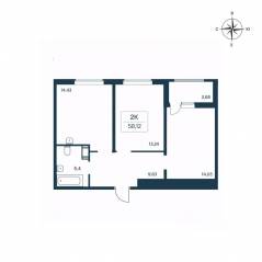 ЖК «Расцветай в Янино», планировка 2-комнатной квартиры, 58.00 м²