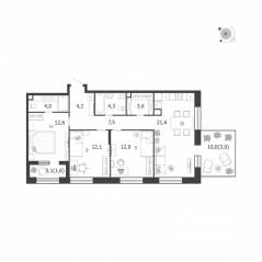 ЖК «Жилой квартал Shagal», планировка 3-комнатной квартиры, 88.40 м²
