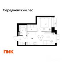 ЖК «Середневский лес», планировка 1-комнатной квартиры, 35.30 м²