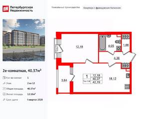 ЖК «Сэтл Ривьера», планировка 1-комнатной квартиры, 40.37 м²
