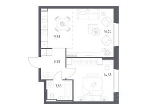 ЖК «Квартал Строгино», планировка 1-комнатной квартиры, 49.86 м²