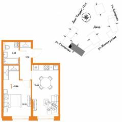 ЖК «Страна.Парковая», планировка 1-комнатной квартиры, 43.44 м²