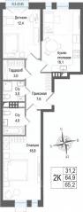 ЖК «Киноквартал», планировка 2-комнатной квартиры, 64.90 м²
