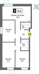 ЖК «Лесная Отрада», планировка 3-комнатной квартиры, 70.80 м²