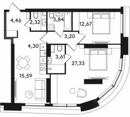 ЖК «Solos», планировка 2-комнатной квартиры, 77.32 м²