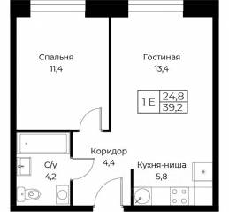 Апарт-комплекс «Aist Residence», планировка 1-комнатной квартиры, 39.20 м²