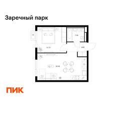ЖК «Заречный парк», планировка 1-комнатной квартиры, 39.67 м²