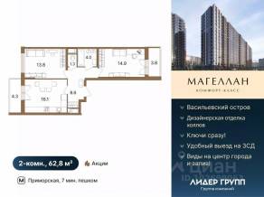 ЖК «Магеллан», планировка 2-комнатной квартиры, 62.80 м²