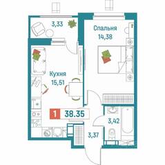 ЖК «Графика», планировка 1-комнатной квартиры, 38.35 м²