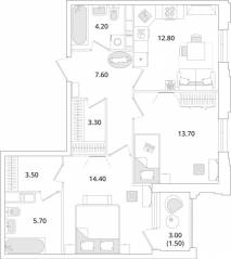 ЖК «Тайм Сквер», планировка 2-комнатной квартиры, 66.30 м²