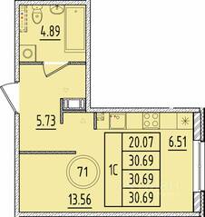 МЖК «Образцовый квартал 17», планировка 1-комнатной квартиры, 30.69 м²