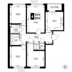 ЖК «Южная Битца», планировка 4-комнатной квартиры, 90.90 м²