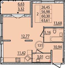 МЖК «Образцовый квартал 15», планировка 2-комнатной квартиры, 56.98 м²