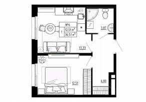 МЖК «Аннино Сити», планировка 1-комнатной квартиры, 36.51 м²