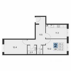 ЖК «Олимп» (Хотьково), планировка 2-комнатной квартиры, 53.20 м²