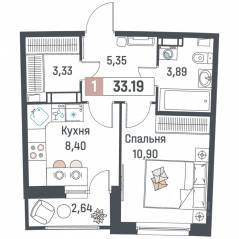 ЖК «Авиатор» (Девяткино), планировка 1-комнатной квартиры, 33.19 м²