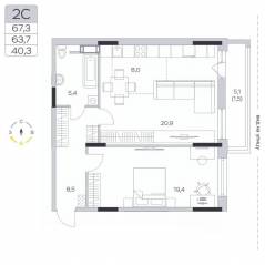 ЖК «Пироговская Ривьера», планировка 2-комнатной квартиры, 63.90 м²