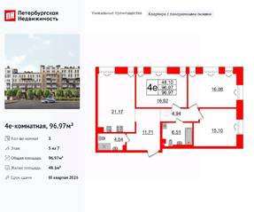 МФК «Империал Клаб», планировка 3-комнатной квартиры, 96.97 м²