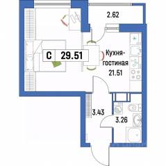 ЖК «Урбанист», планировка студии, 29.51 м²