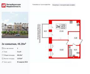 МФК «Империал Клаб», планировка 1-комнатной квартиры, 48.28 м²