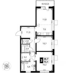 ЖК «1-й Донской», планировка 3-комнатной квартиры, 73.10 м²