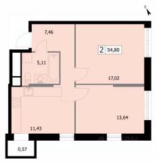 ЖК «Self», планировка 2-комнатной квартиры, 54.80 м²